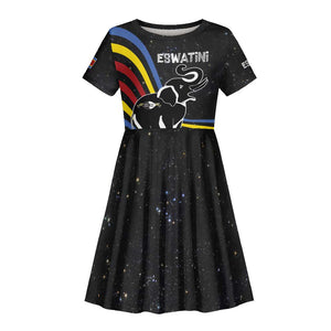 Eswatini Elephant Kid Short Sleeve Dress Swazi Flag Colors and Cosmic Background