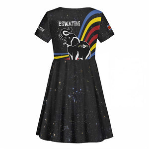 Eswatini Elephant Kid Short Sleeve Dress Swazi Flag Colors and Cosmic Background