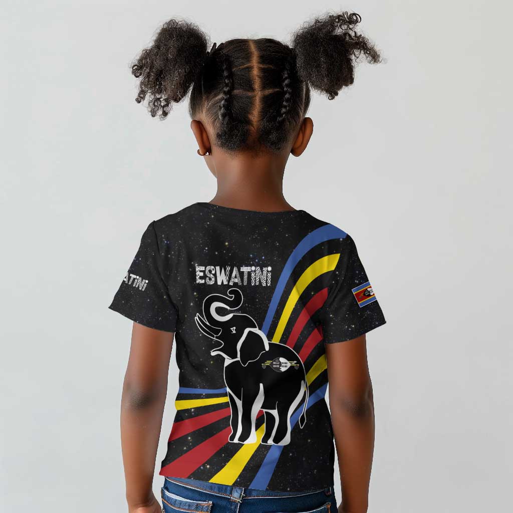 Eswatini Elephant Kid T shirt Swazi Flag Colors and Cosmic Background