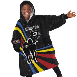 Eswatini Elephant Kid Wearable Blanket Hoodie Swazi Flag Colors and Cosmic Background