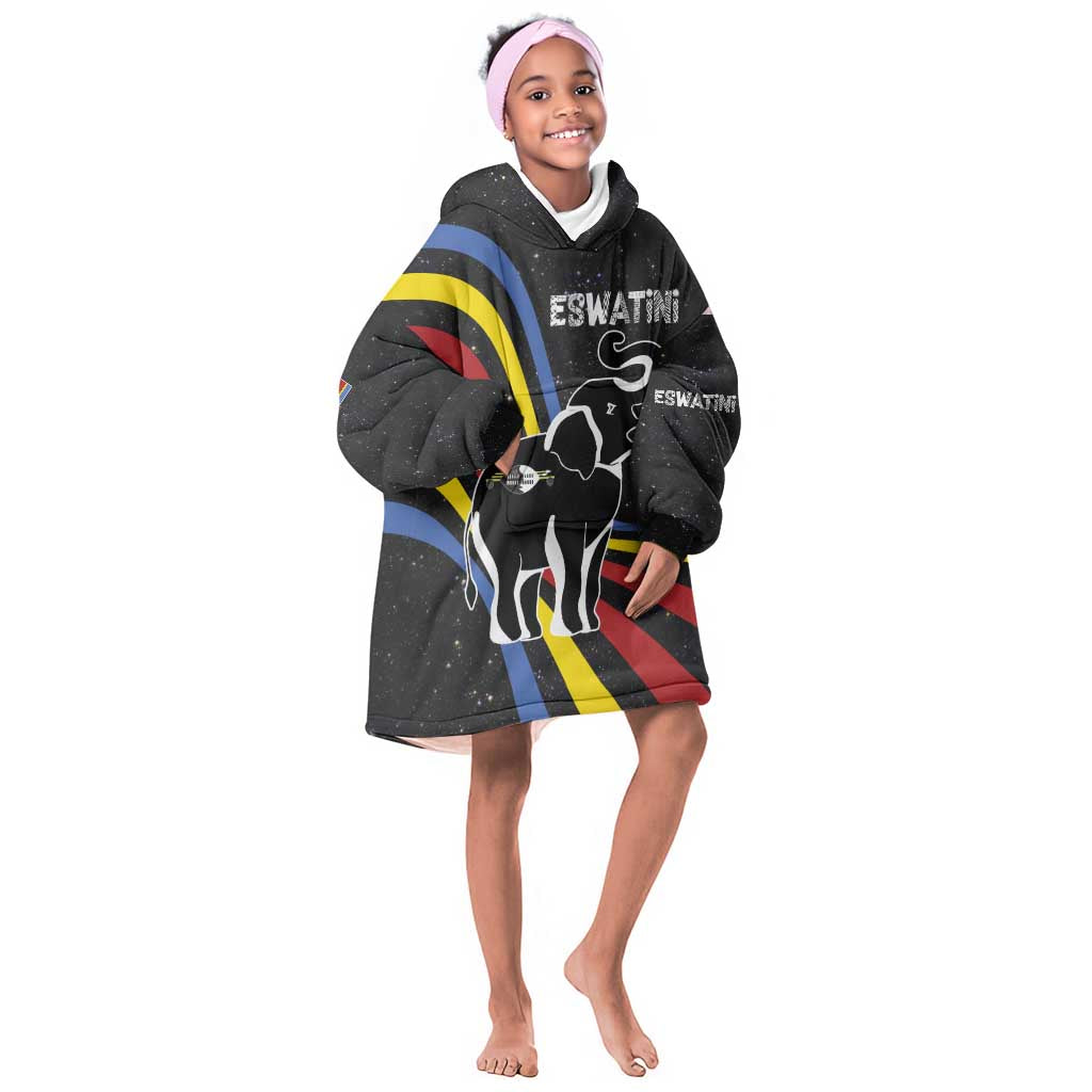 Eswatini Elephant Kid Wearable Blanket Hoodie Swazi Flag Colors and Cosmic Background