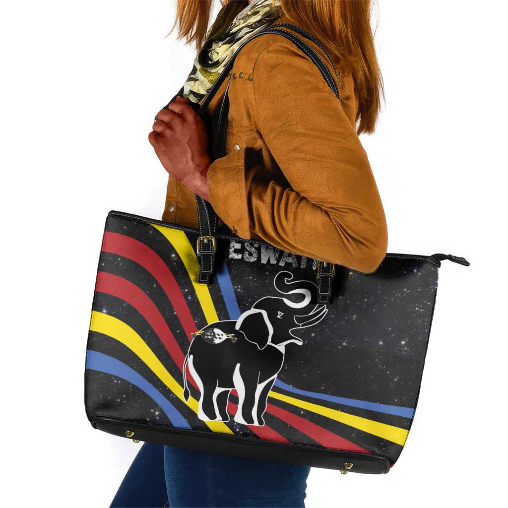 Eswatini Elephant Leather Tote Bag Swazi Flag Colors and Cosmic Background