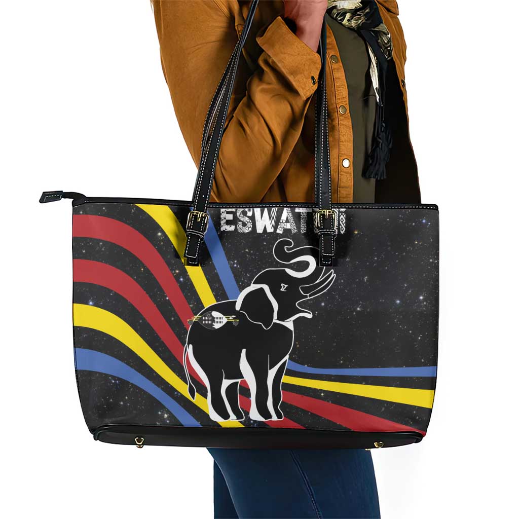 Eswatini Elephant Leather Tote Bag Swazi Flag Colors and Cosmic Background