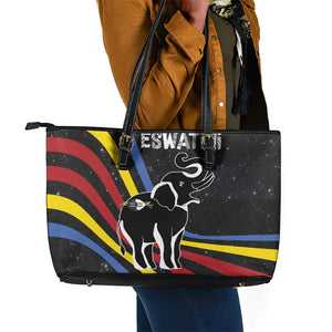 Eswatini Elephant Leather Tote Bag Swazi Flag Colors and Cosmic Background