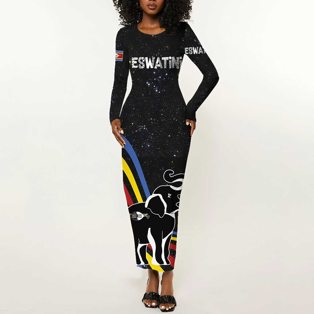 Eswatini Elephant Long Sleeve Bodycon Dress Swazi Flag Colors and Cosmic Background