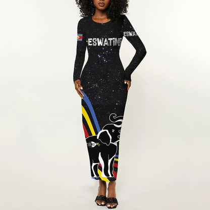 Eswatini Elephant Long Sleeve Bodycon Dress Swazi Flag Colors and Cosmic Background