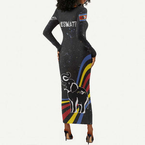 Eswatini Elephant Long Sleeve Bodycon Dress Swazi Flag Colors and Cosmic Background
