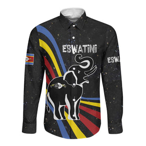 Eswatini Elephant Long Sleeve Button Shirt Swazi Flag Colors and Cosmic Background
