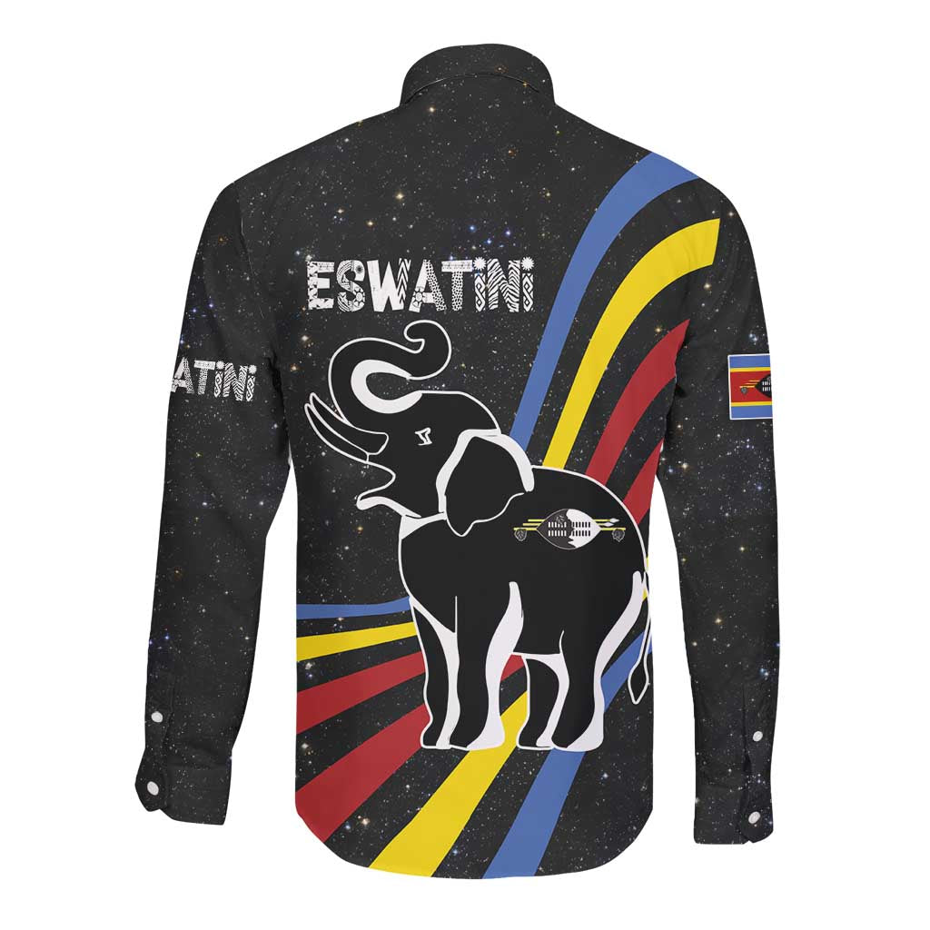 Eswatini Elephant Long Sleeve Button Shirt Swazi Flag Colors and Cosmic Background