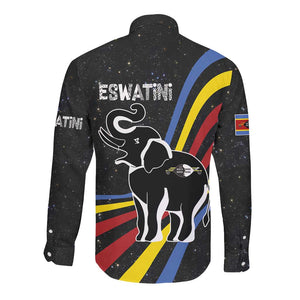 Eswatini Elephant Long Sleeve Button Shirt Swazi Flag Colors and Cosmic Background