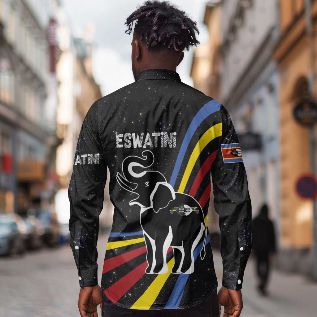 Eswatini Elephant Long Sleeve Button Shirt Swazi Flag Colors and Cosmic Background