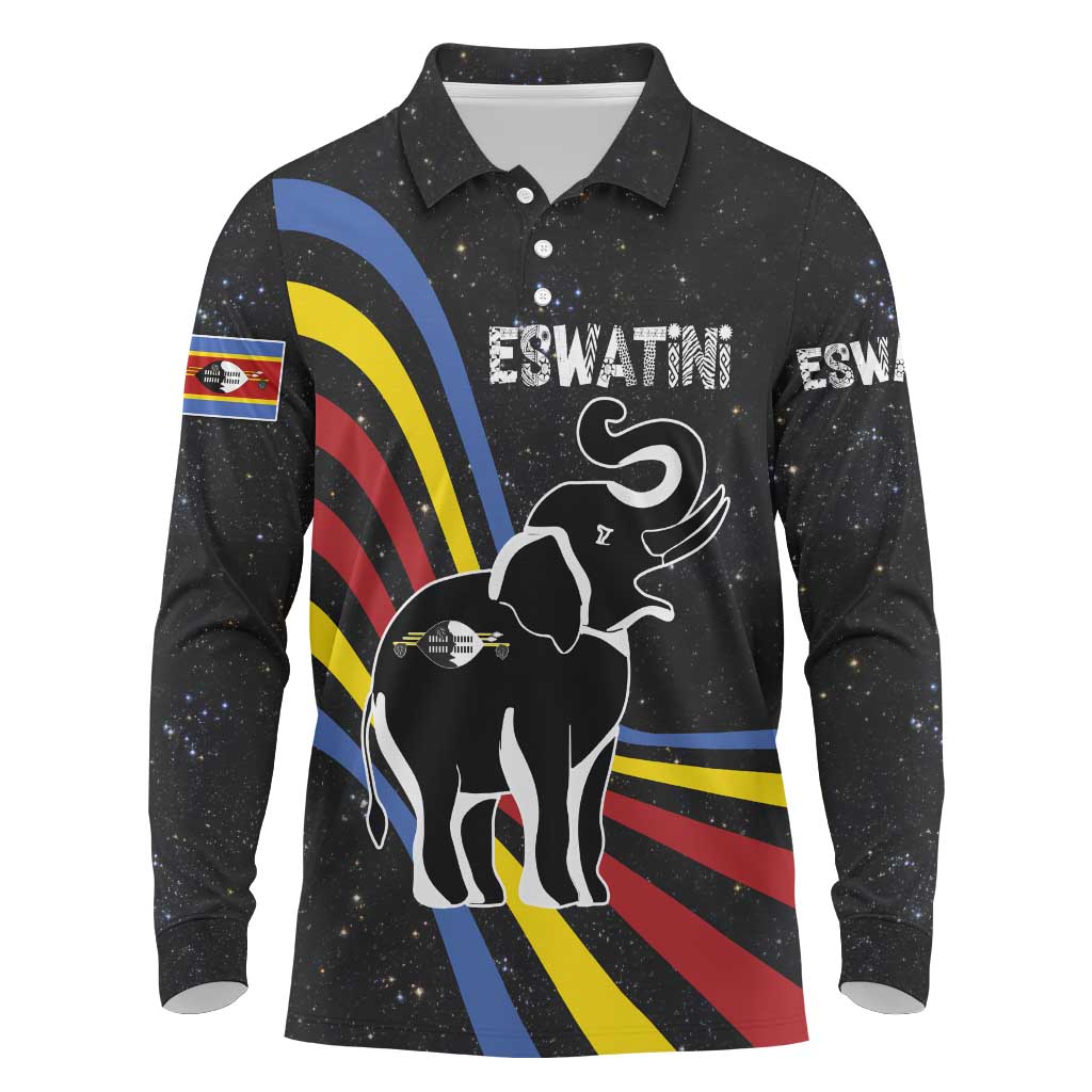 Eswatini Elephant Long Sleeve Polo Shirt Swazi Flag Colors and Cosmic Background