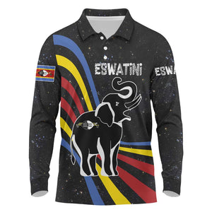 Eswatini Elephant Long Sleeve Polo Shirt Swazi Flag Colors and Cosmic Background