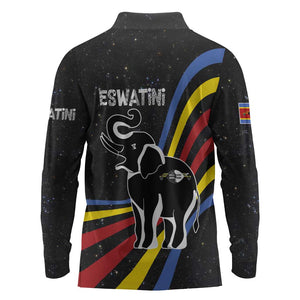 Eswatini Elephant Long Sleeve Polo Shirt Swazi Flag Colors and Cosmic Background