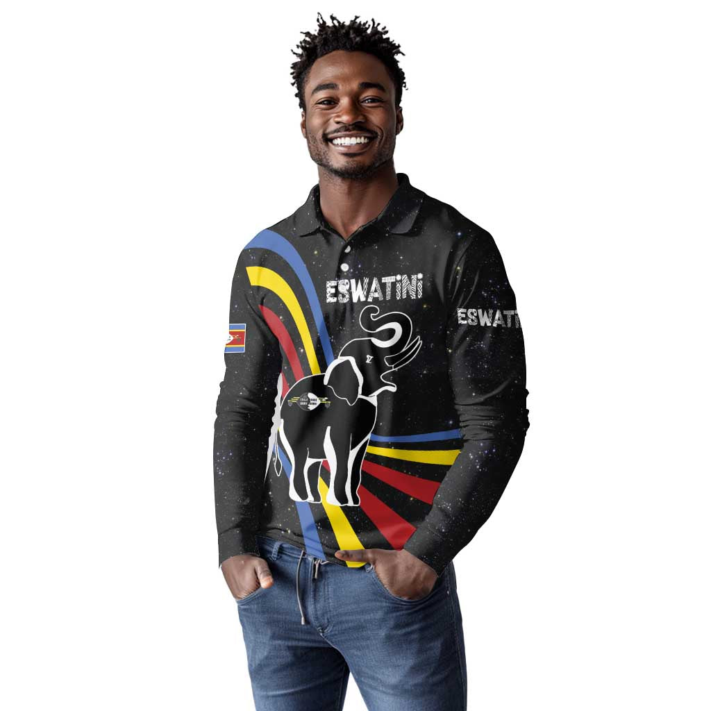 Eswatini Elephant Long Sleeve Polo Shirt Swazi Flag Colors and Cosmic Background