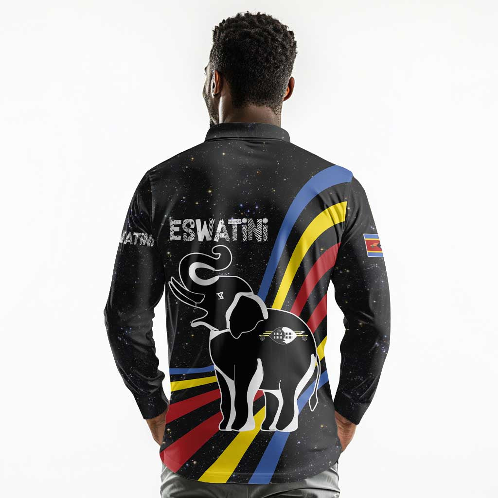 Eswatini Elephant Long Sleeve Polo Shirt Swazi Flag Colors and Cosmic Background