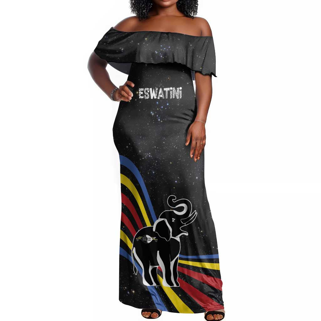 Eswatini Elephant Off Shoulder Maxi Dress Swazi Flag Colors and Cosmic Background