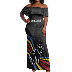 Eswatini Elephant Off Shoulder Maxi Dress Swazi Flag Colors and Cosmic Background
