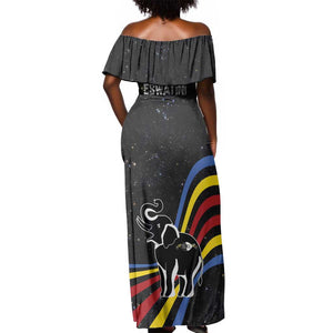 Eswatini Elephant Off Shoulder Maxi Dress Swazi Flag Colors and Cosmic Background