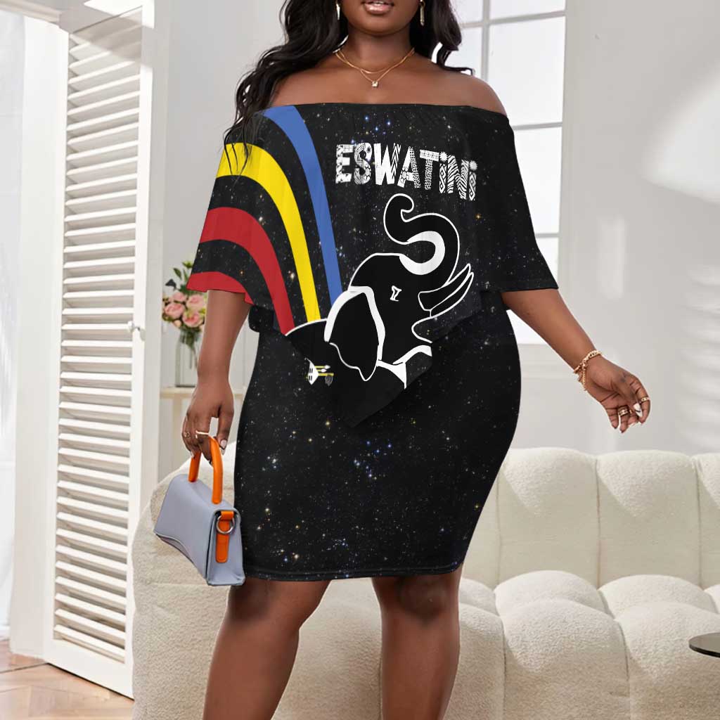 Eswatini Elephant Off Shoulder Short Dress Swazi Flag Colors and Cosmic Background