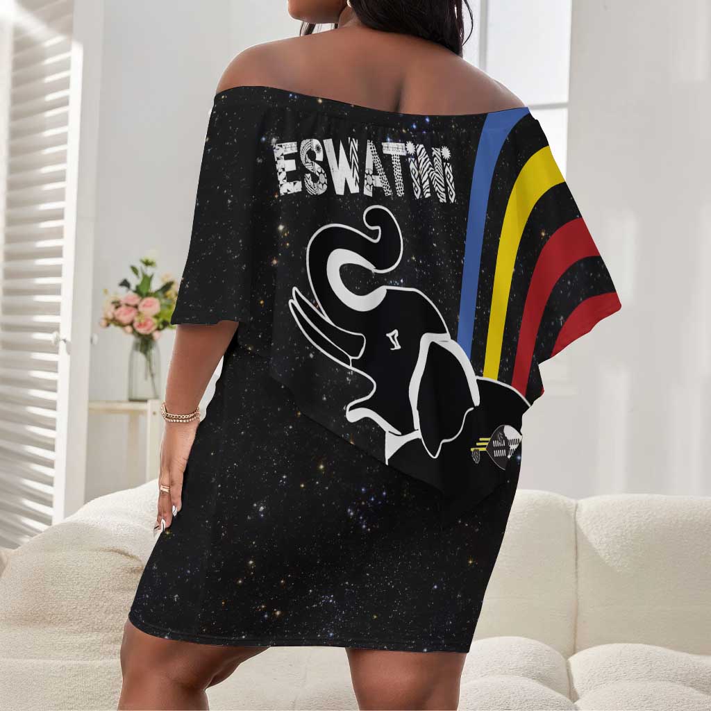 Eswatini Elephant Off Shoulder Short Dress Swazi Flag Colors and Cosmic Background