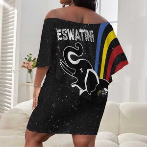 Eswatini Elephant Off Shoulder Short Dress Swazi Flag Colors and Cosmic Background