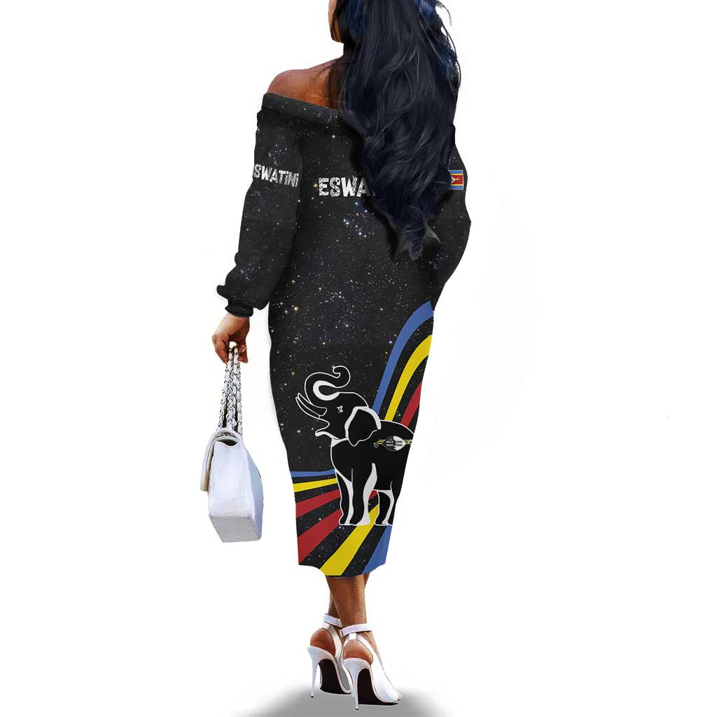 Eswatini Elephant Off The Shoulder Long Sleeve Dress Swazi Flag Colors and Cosmic Background