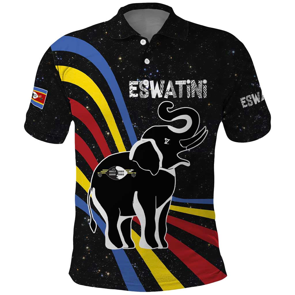 Eswatini Elephant Polo Shirt Swazi Flag Colors and Cosmic Background