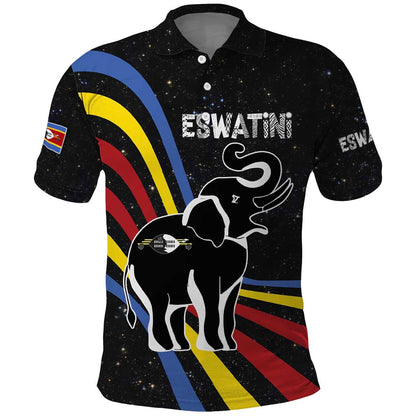 Eswatini Elephant Polo Shirt Swazi Flag Colors and Cosmic Background