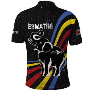 Eswatini Elephant Polo Shirt Swazi Flag Colors and Cosmic Background