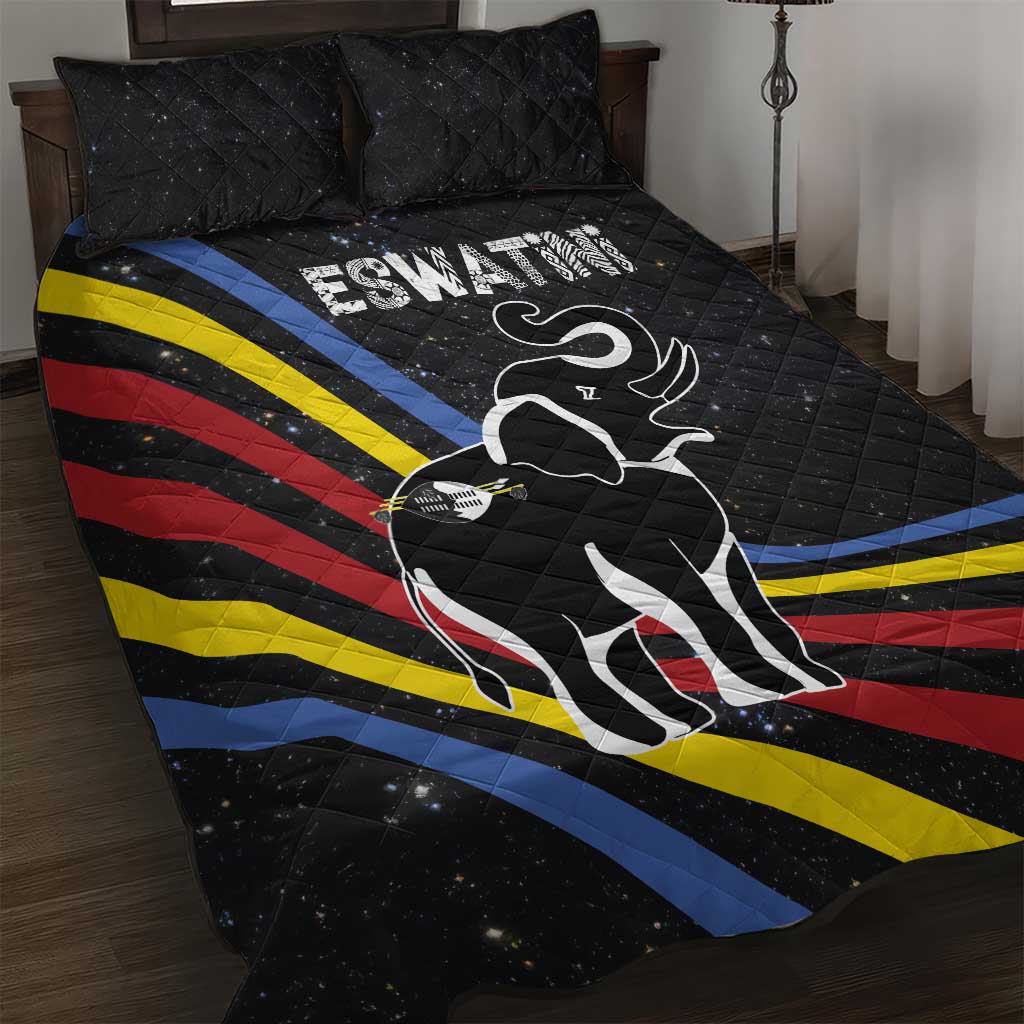 Eswatini Elephant Quilt Bed Set Swazi Flag Colors and Cosmic Background