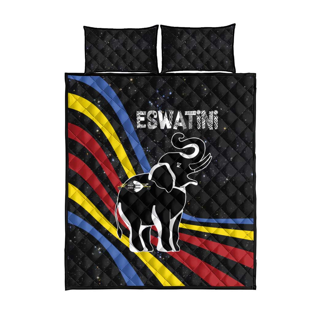 Eswatini Elephant Quilt Bed Set Swazi Flag Colors and Cosmic Background