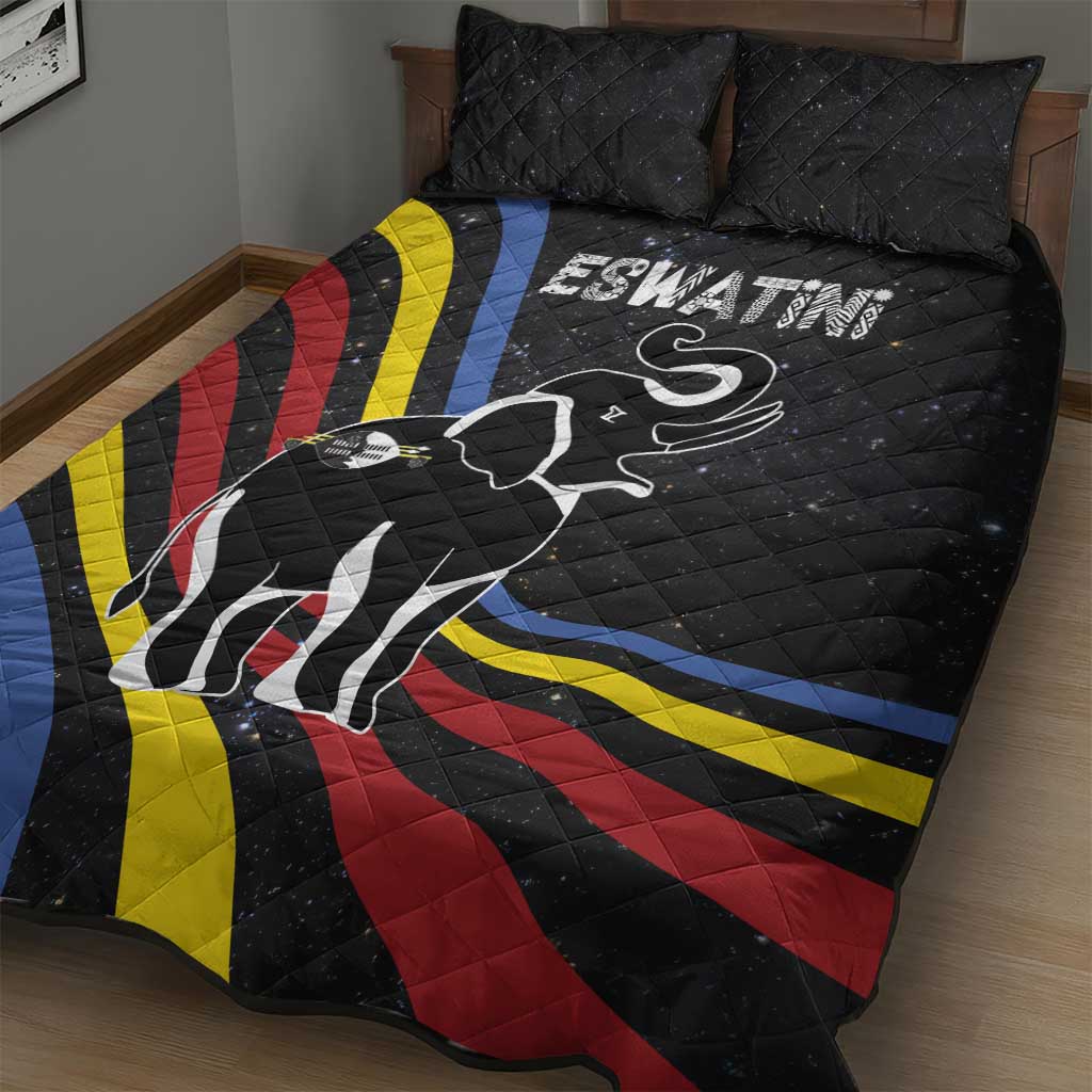 Eswatini Elephant Quilt Bed Set Swazi Flag Colors and Cosmic Background