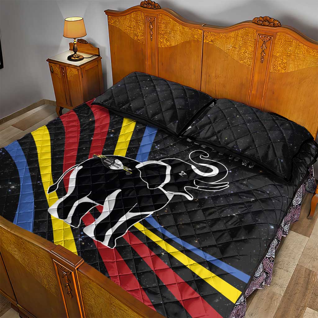 Eswatini Elephant Quilt Bed Set Swazi Flag Colors and Cosmic Background