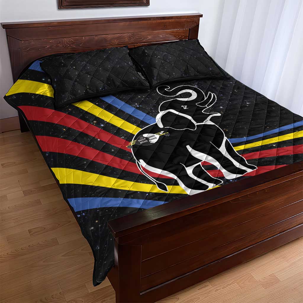 Eswatini Elephant Quilt Bed Set Swazi Flag Colors and Cosmic Background