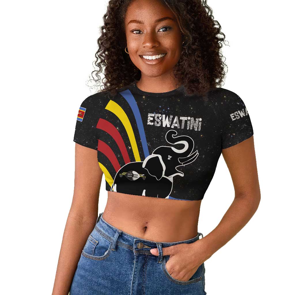 Eswatini Elephant Raglan Cropped T shirt Swazi Flag Colors and Cosmic Background