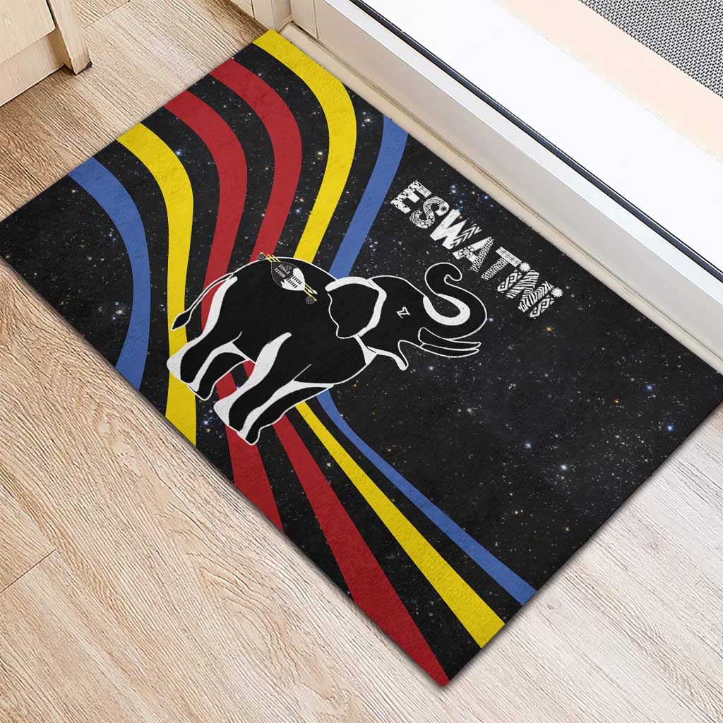 Eswatini Elephant Rubber Doormat Swazi Flag Colors and Cosmic Background