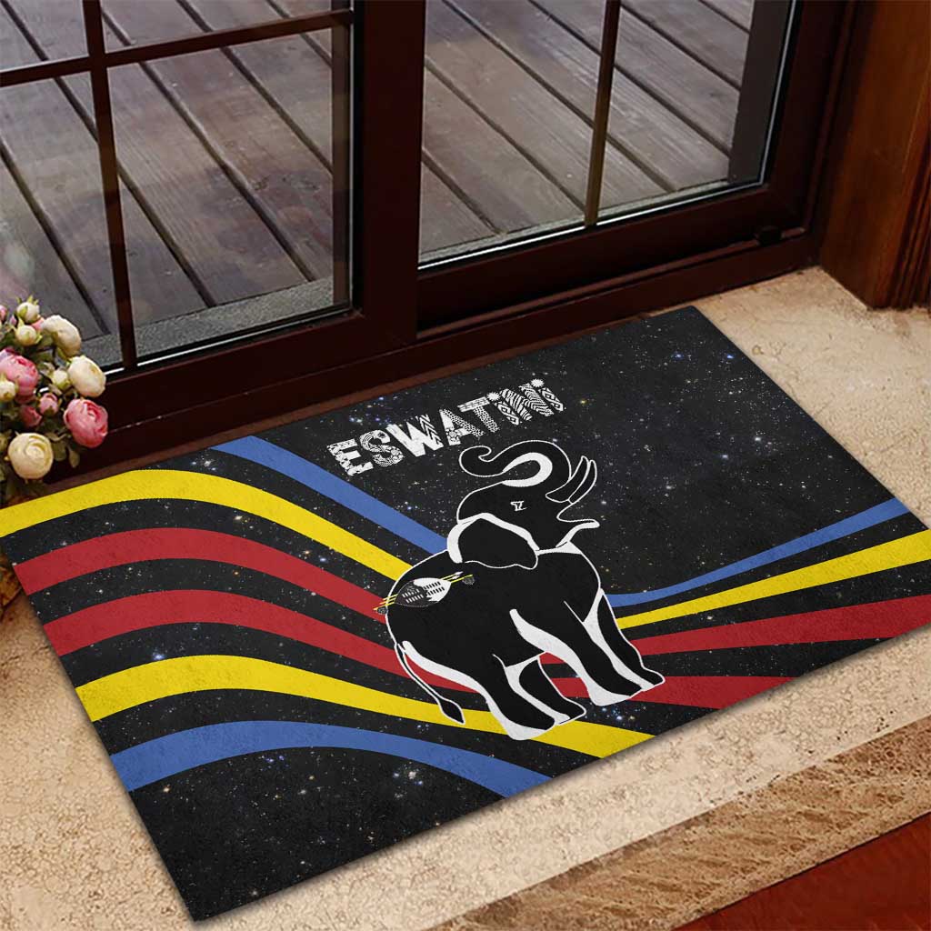 Eswatini Elephant Rubber Doormat Swazi Flag Colors and Cosmic Background