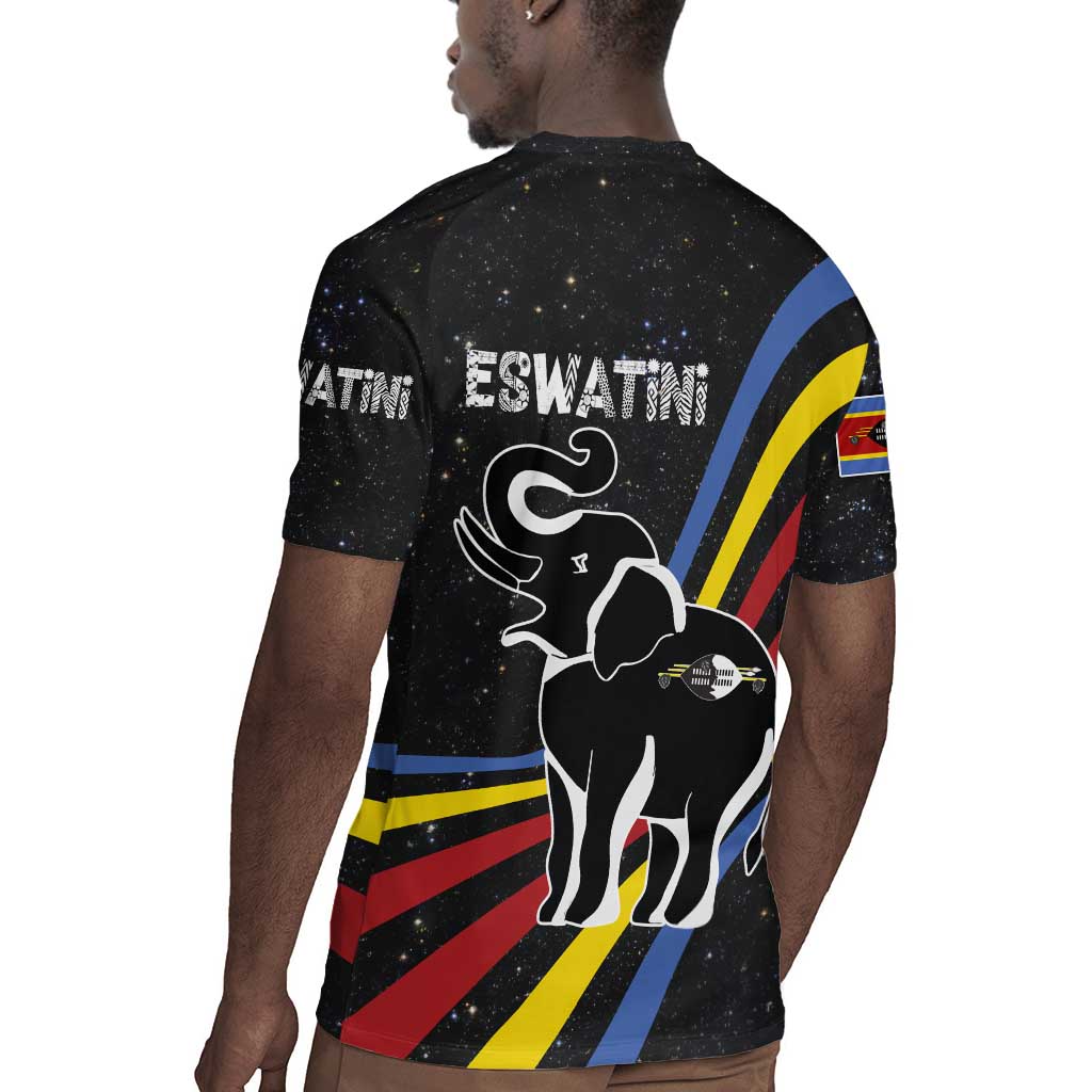 Eswatini Elephant Rugby Jersey Swazi Flag Colors and Cosmic Background