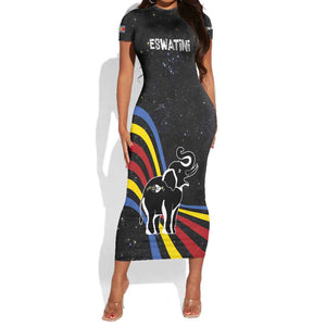 Eswatini Elephant Short Sleeve Bodycon Dress Swazi Flag Colors and Cosmic Background