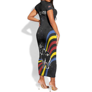 Eswatini Elephant Short Sleeve Bodycon Dress Swazi Flag Colors and Cosmic Background