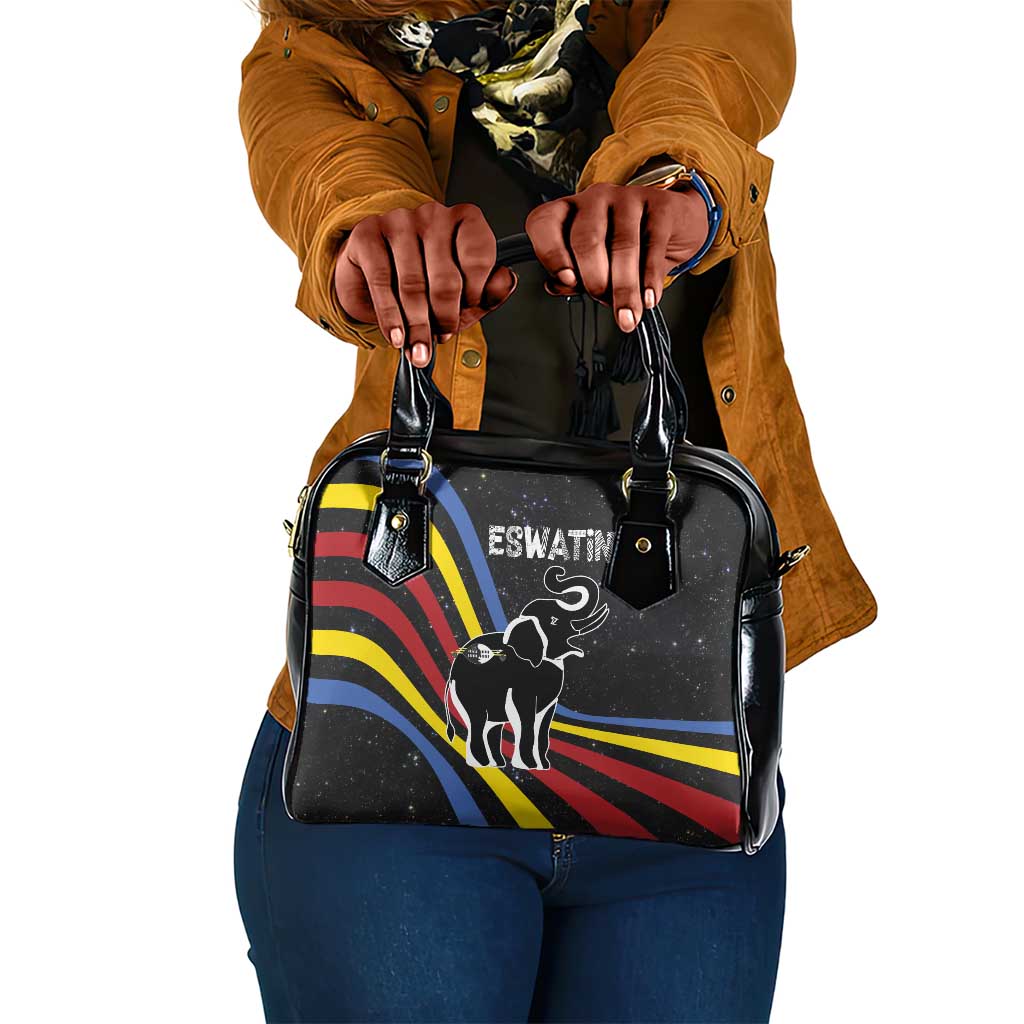 Eswatini Elephant Shoulder Handbag Swazi Flag Colors and Cosmic Background
