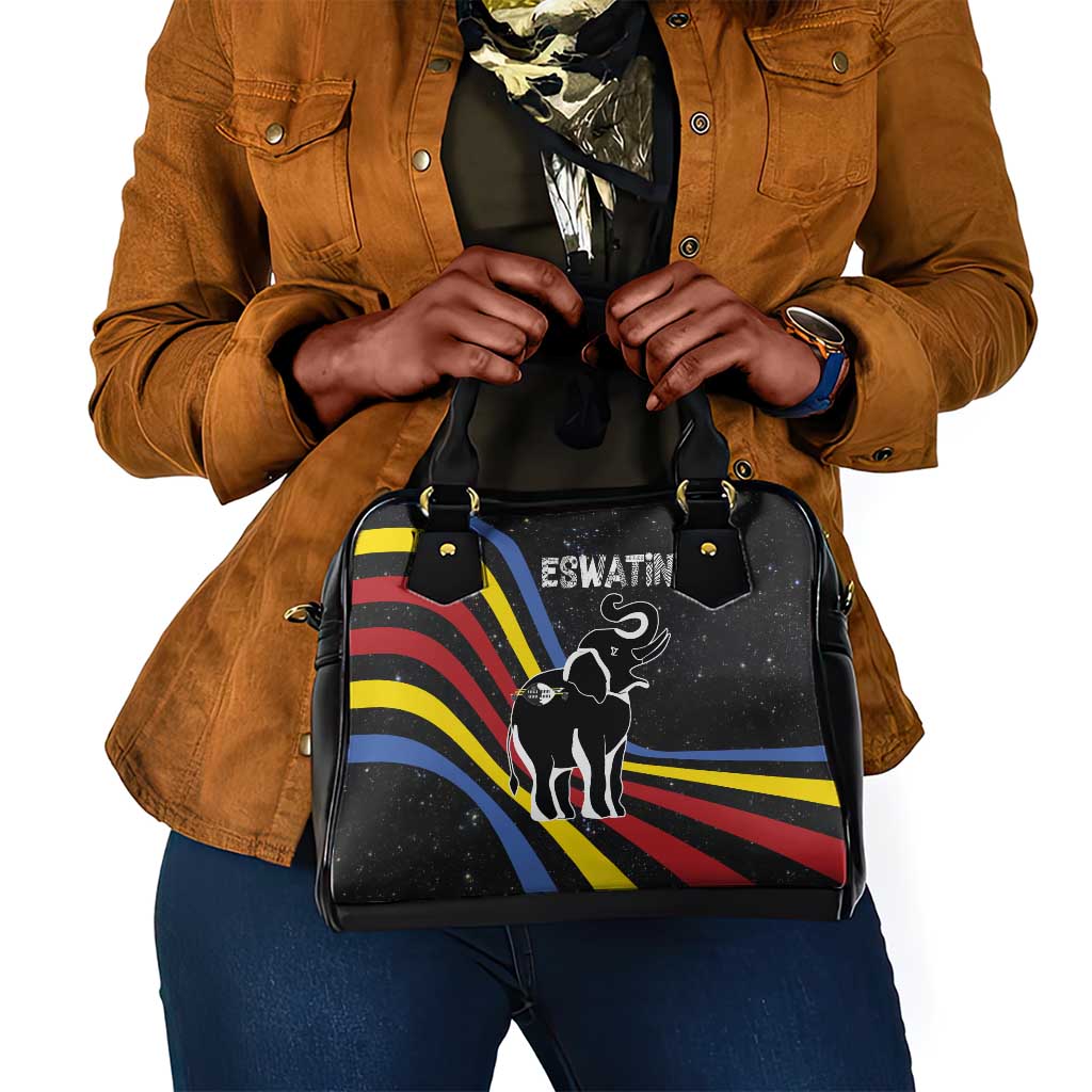 Eswatini Elephant Shoulder Handbag Swazi Flag Colors and Cosmic Background