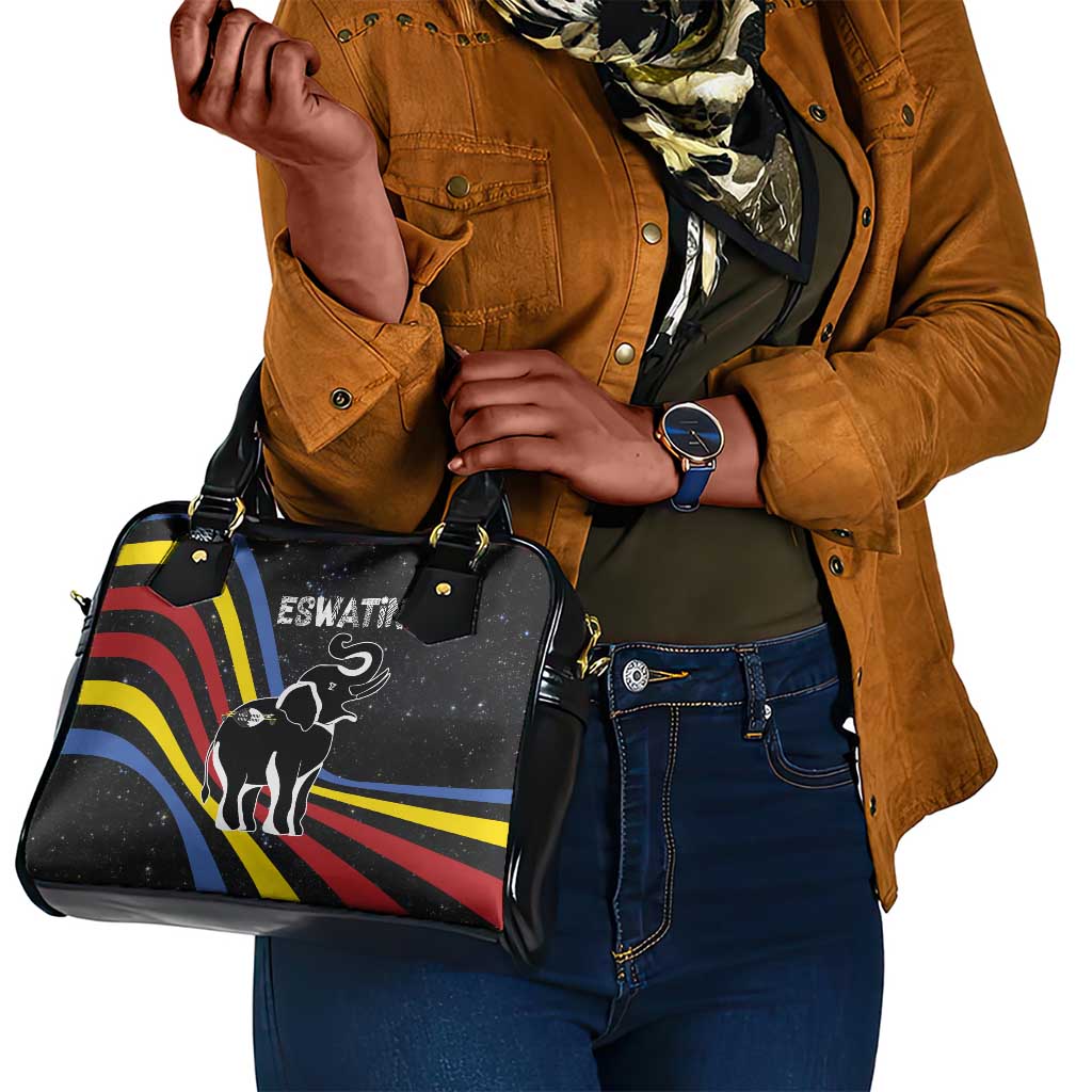 Eswatini Elephant Shoulder Handbag Swazi Flag Colors and Cosmic Background