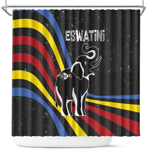 Eswatini Elephant Shower Curtain Swazi Flag Colors and Cosmic Background