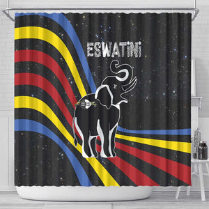 Eswatini Elephant Shower Curtain Swazi Flag Colors and Cosmic Background