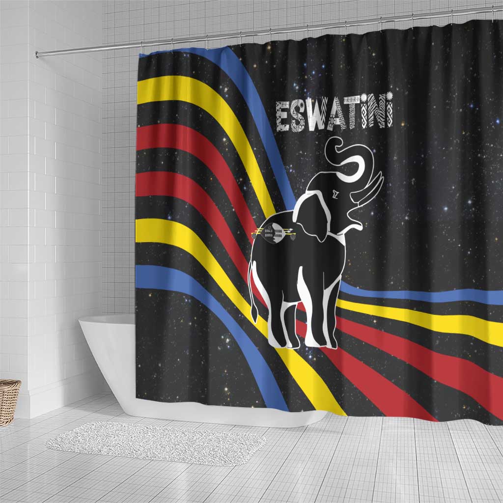 Eswatini Elephant Shower Curtain Swazi Flag Colors and Cosmic Background
