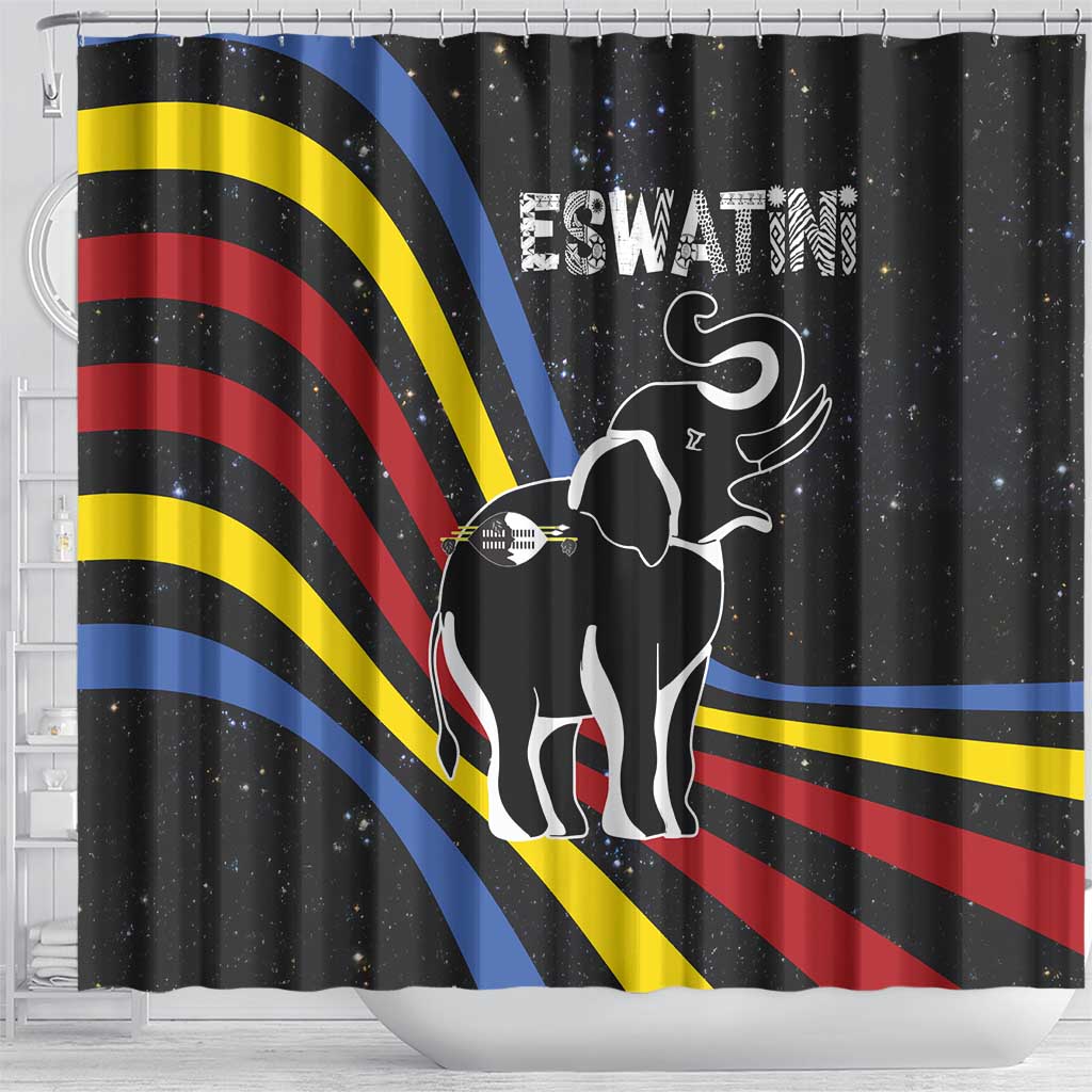 Eswatini Elephant Shower Curtain Swazi Flag Colors and Cosmic Background