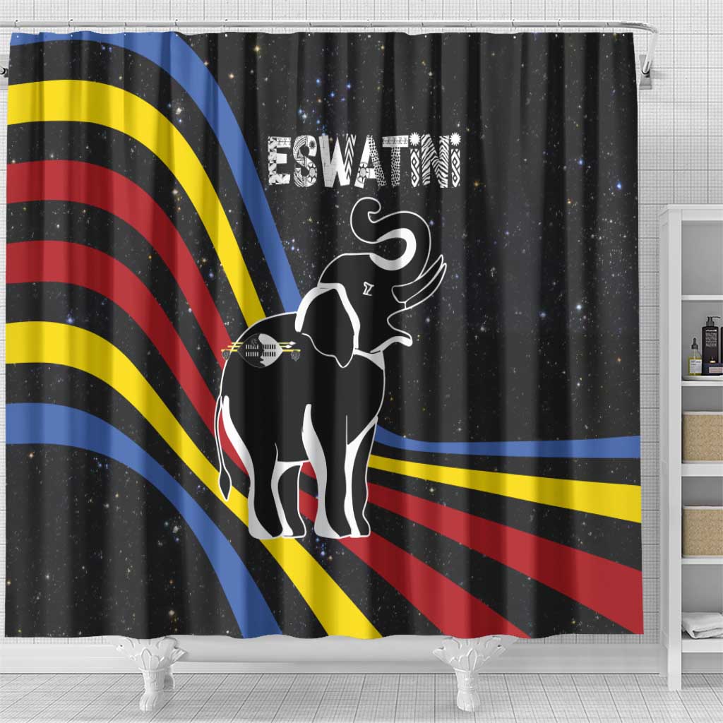 Eswatini Elephant Shower Curtain Swazi Flag Colors and Cosmic Background