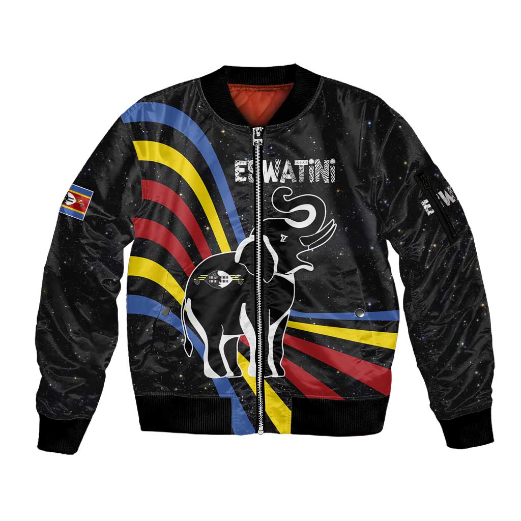Eswatini Elephant Sleeve Zip Bomber Jacket Swazi Flag Colors and Cosmic Background